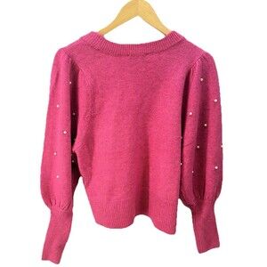 NEW CeCe Women Sweater S Pearls Pullover Round Neck Embellished Balloon Sleeves